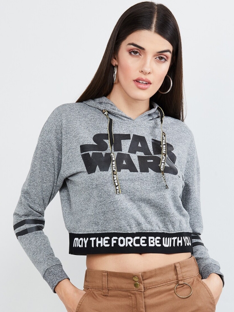 

max Women Grey Melange Star Wars Printed Hooded Sweatshirt