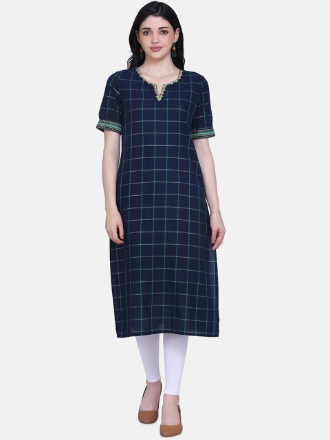 

Saanjh Women Navy Blue Checked Straight Kurta