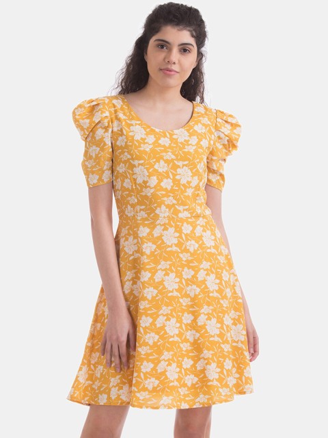 

Sugr Women Mustard Yellow & White Floral Printed Fit and Flare Dress