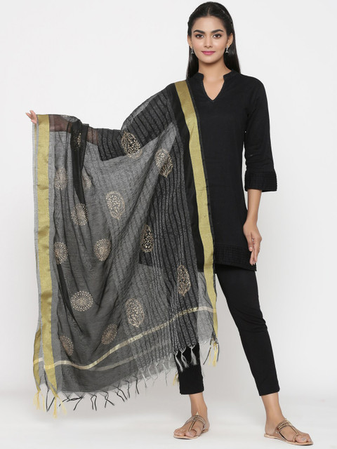 

RANGMAYEE Women Black & Gold Printed Chanderi Dupatta
