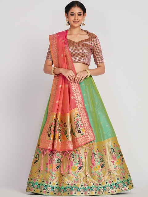 

MIMOSA Women Pink & Green Zari Woven Design Semi-Stitched Lehenga & Unstitched Choli with Dupatta