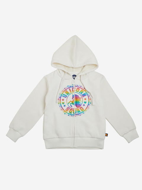 

VITAMINS Girls Off-White & Blue Printed Hooded Sweatshirt