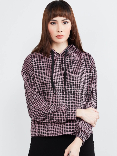 

max Women Pink & Black Checked Hooded Sweatshirt
