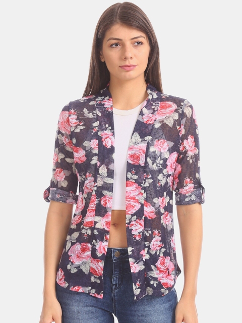 

Cherokee Women Navy Blue & Pink Printed Open Front Shrug