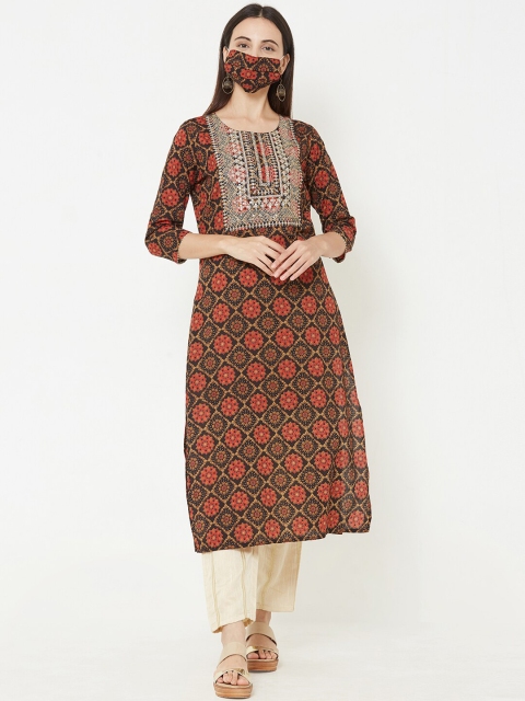 

FASHOR Women Black & Orange Embroidered A-Line Kurta