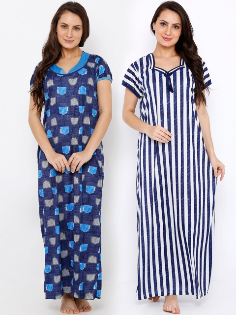 

Pretty Awesome Blue & White Pack of 2 Printed Nightdresses