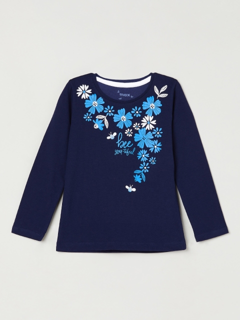 

max Girls Navy Blue Floral Print Round Neck T-shirt