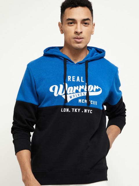 

max Men Blue & Black Printed Hooded Sweatshirt
