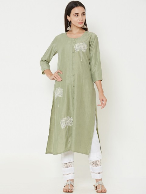 

FASHOR Women Khaki Embroidered Straight Kurta