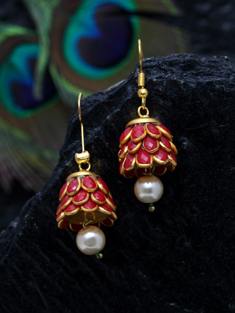 

DUGRISTYLE Red & Gold-Plated Dome Shaped Jhumkas