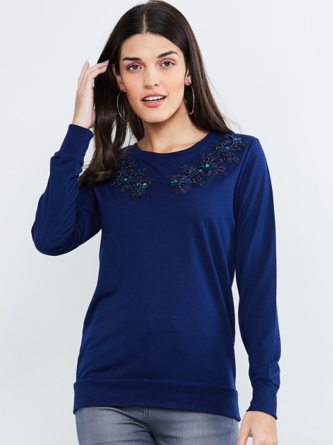 

max Women Blue Self Design Sweatshirt