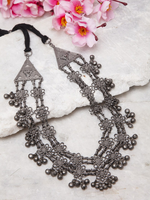 

Moedbuille Silver-Toned & Brass-Plated Ghungroo Studded Tasselled Design Layered Necklace, Metallic
