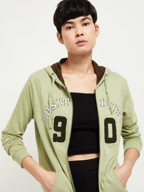 max Women Green Printed Hooded Sweatshirt