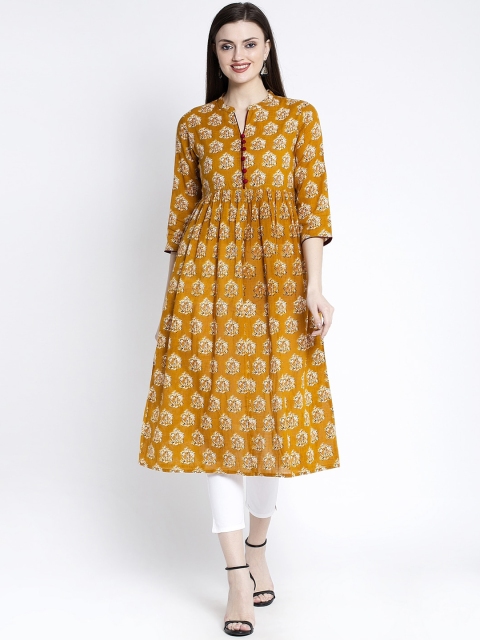 

ANAISA Women Mustard Yellow & Off-White Printed A-Line Kurta