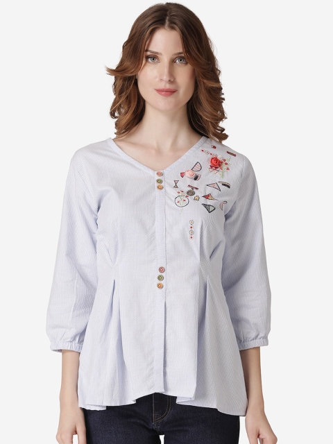 

LABEL REGALIA Women Blue Striped Cinched Waist Pure Cotton Top