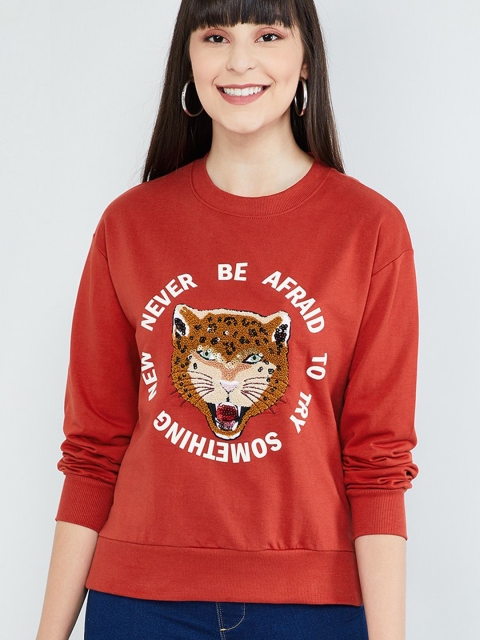 

max Women Rust Red Printed Pure Cotton Sweatshirt