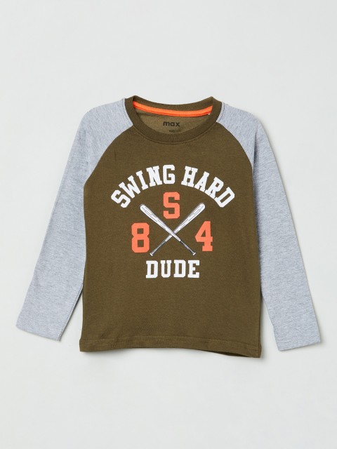 

max Boys Olive Brown Printed Round Neck Pure Cotton T-shirt