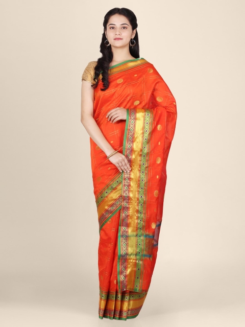 

CLAI WORLD Orange & Gold-Toned Silk Blend Woven Design Saree