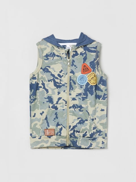 max Boys Beige & Blue Printed Hooded Sweatshirt