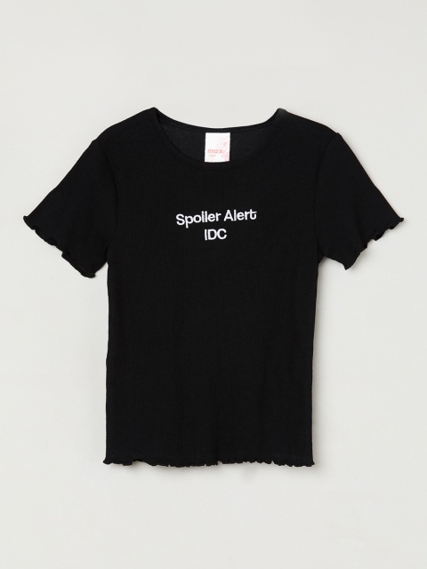 

max Girls Black Printed Round Neck T-shirt