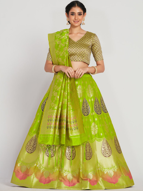 

MIMOSA Women Green & Gold-Toned Zari Woven Design Semi-Stitched Lehenga & Unstitched Choli with Dupatta