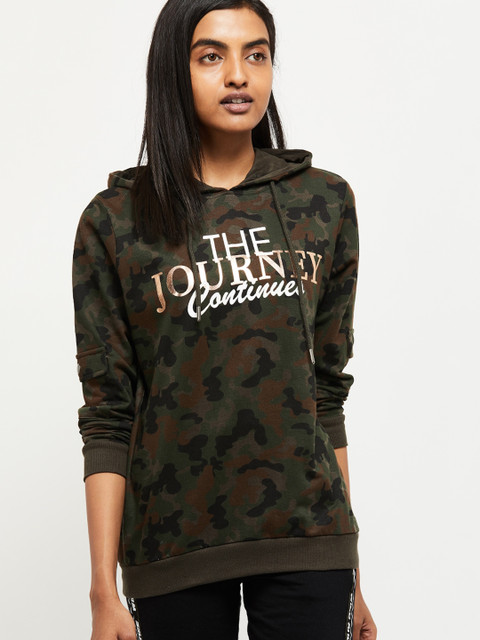 

max Women Olive Green & Grey Camouflage Printed Hooded Sweatshirt