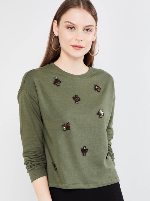 

max Women Olive Green Embellished Sweatshirt
