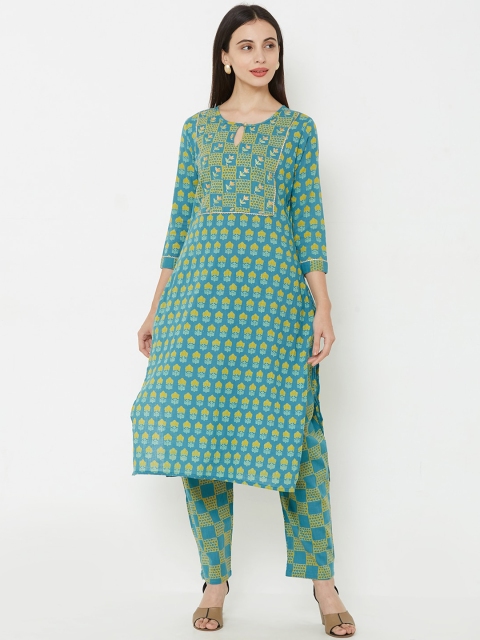 

FASHOR Women Teal Green & Yellow Printed Kurta with Trousers