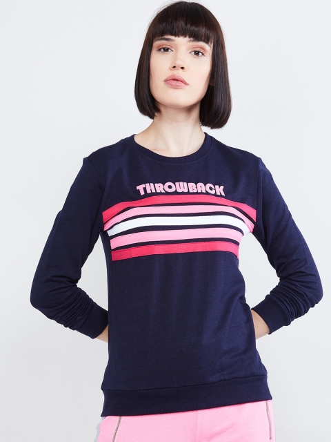 

max Women Navy Blue Striped Sweatshirt