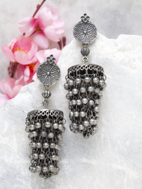

Moedbuille Black & Silver-Toned Handcrafted Contemporary Jhumkas