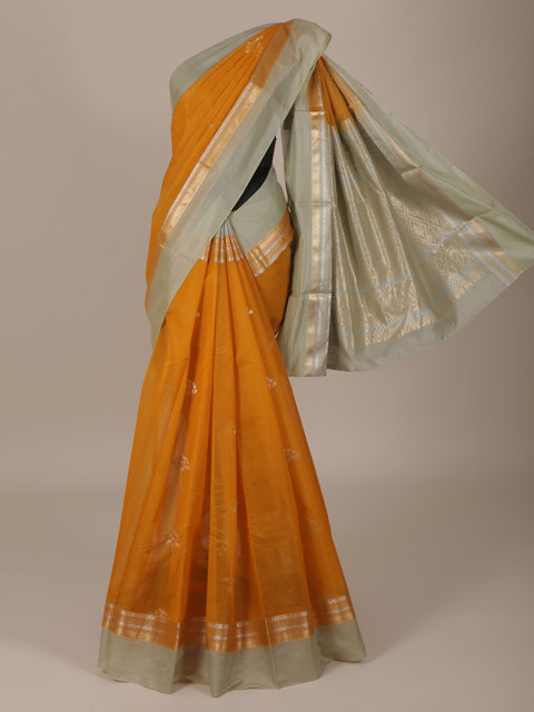 

Pothys Mustard & Grey Silk Cotton Solid Saree