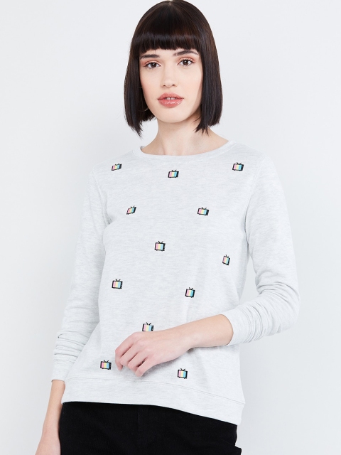 

max Women Grey Melange & Pink Printed Sweatshirt