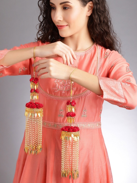 

Rubans Set Of 2 Gold-Plated Red Handcrafted Floral Bridal Layered Kaleera Set