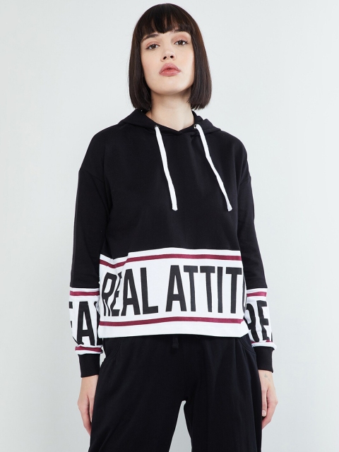 

max Women Black & White Printed Hooded Pullover Sweatshirt
