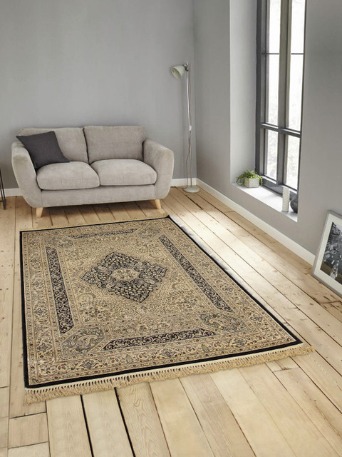 

OBSESSIONS Beige & Black Ethnic Motifs Anti-Skid Carpet