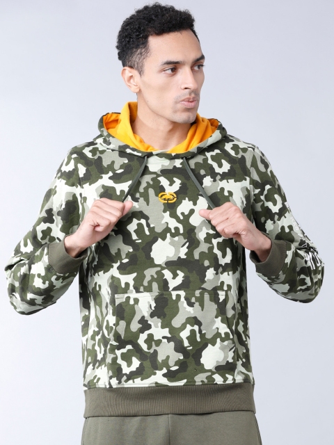 

Ecko Unltd Men Olive Green & Off-White Printed Hooded Sweatshirt