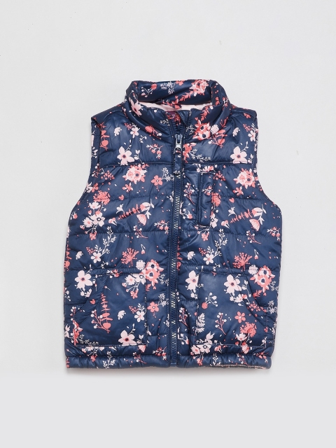 

max Girls Navy Blue & Pink Floral Printed Puffer Jacket