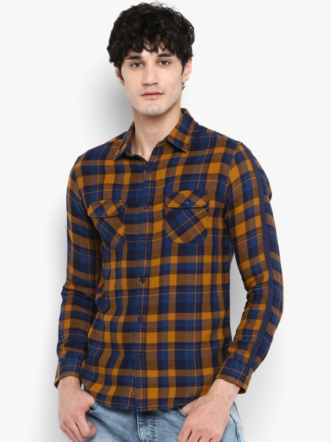 

SPYKAR Men Mustard Brown & Navy Blue Slim Fit Checked Casual Shirt