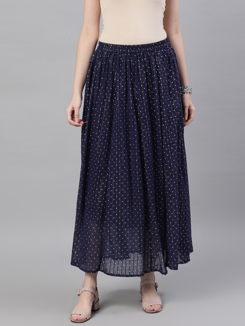 

Nayo Women Navy Blue & White Polka Dot Printed Flared Pure Cotton Skirt