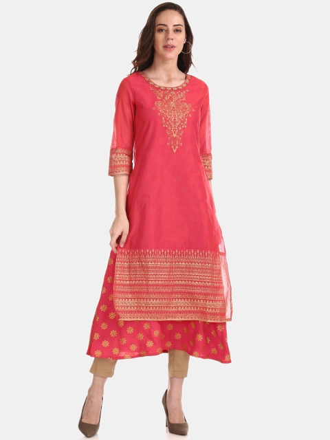 

Anahi Women Red Woven Design A-Line Layered Kurta
