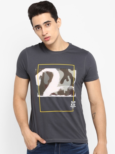 SPYKAR Men Charcoal Grey Printed Round Neck T-shirt