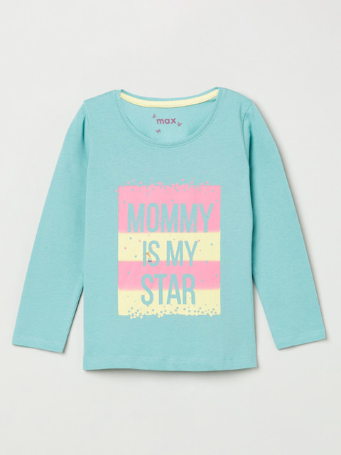 

max Girls Blue Printed Round Neck T-shirt