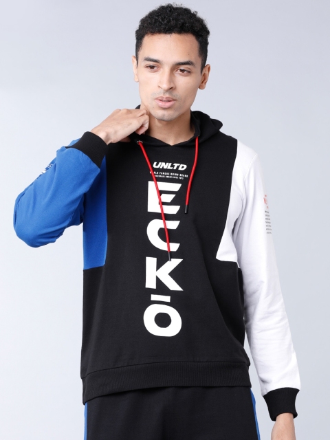 

Ecko Unltd Men Black & Blue Solid Hooded Sweatshirt
