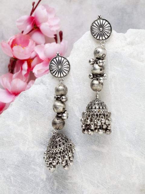 

Moedbuille Silver-Toned Brass-Plated Handcrafted Dome Shaped Jhumkas