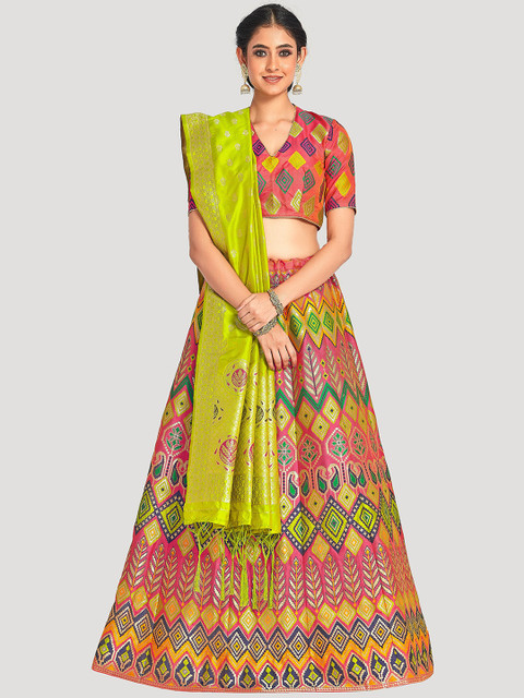 

MIMOSA Women Green & Pink Woven-Design Semi-Stitched Lehenga With Unstitched Blouse & Dupatta