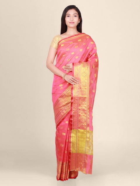 

CLAI WORLD Pink & Gold-Toned Silk Blend Woven Design Handloom Saree