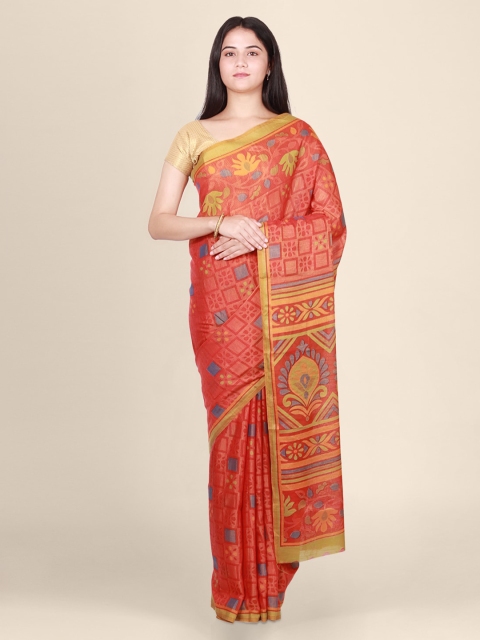 

CLAI WORLD Red Printed Handloom Brasso Saree