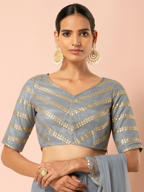 

INDYA Women Grey & Gold Printed Fitted Crop Top