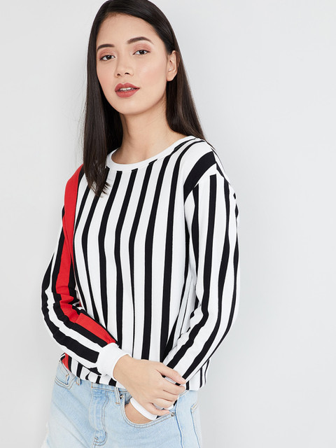 

max Women Off-White & Black Striped Pullover Sweatshirt