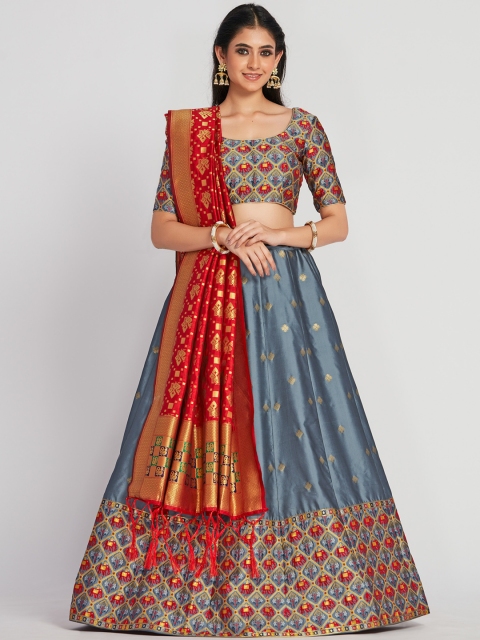 

MIMOSA Blue & Red Woven Design Semi-Stiched Lehenga & Unstitched Blouse With Dupatta